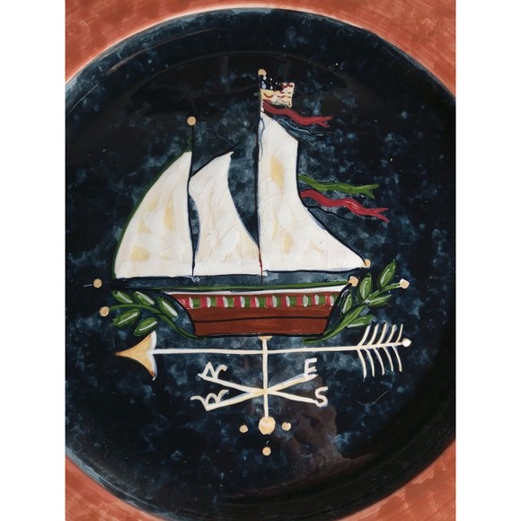 JPC Home Collection Large Serving/Cake Plate 13"Susan Winget Compass Sailboat - Picture 5 of 6